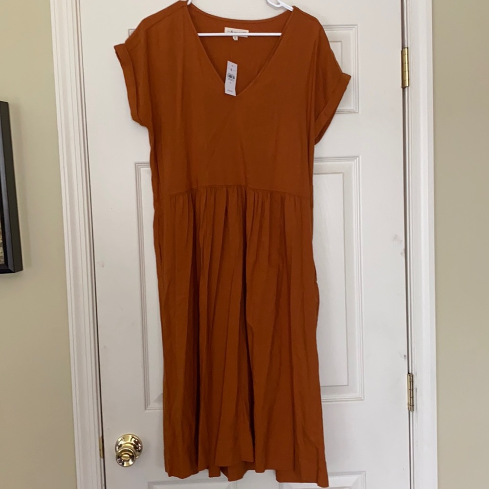 Women’s M Lou & Grey (Loft) NWT midi rust orange linen dress with pockets